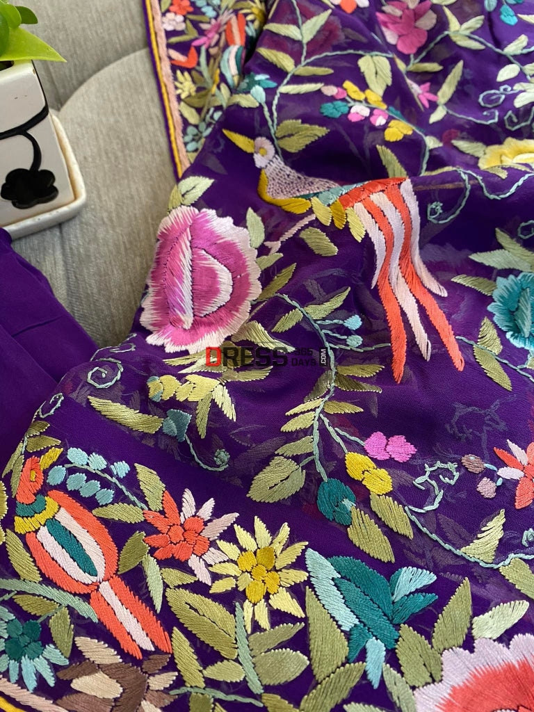 Designer Purple Hand Embroidered Parsi Gara Suit (Three Piece) Suits