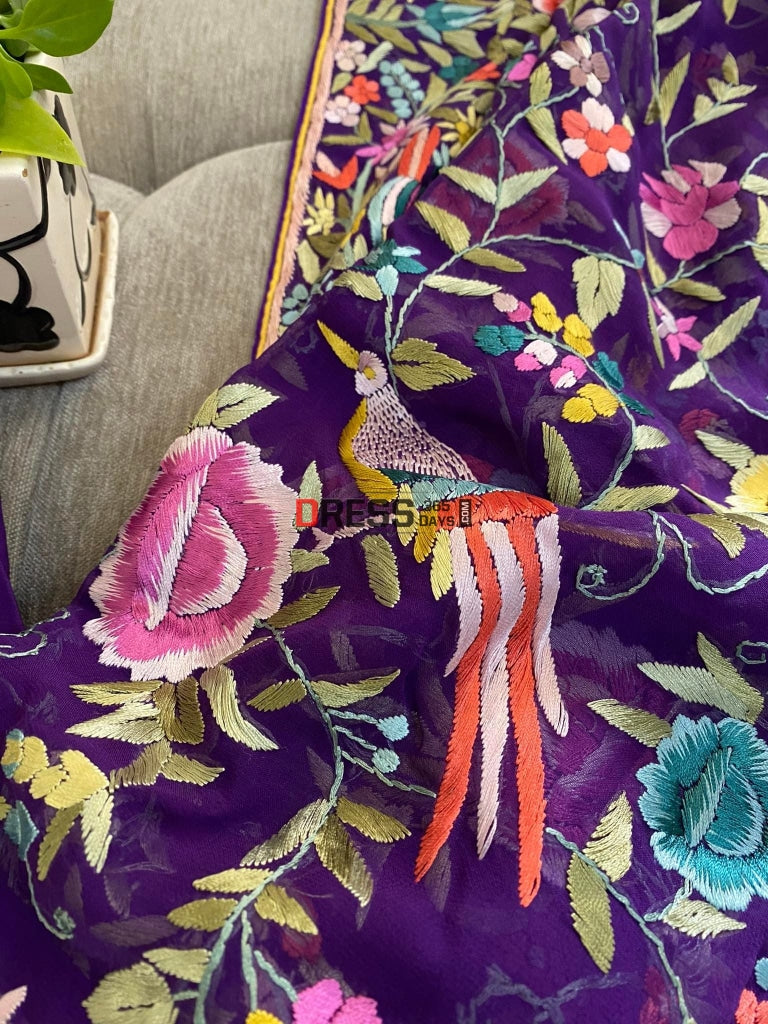 Designer Purple Hand Embroidered Parsi Gara Suit (Three Piece) Suits