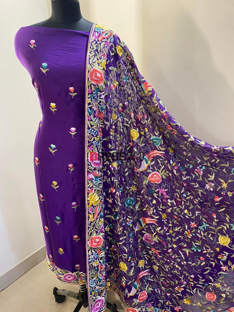 Designer Purple Hand Embroidered Parsi Gara Suit (Three Piece) Suits