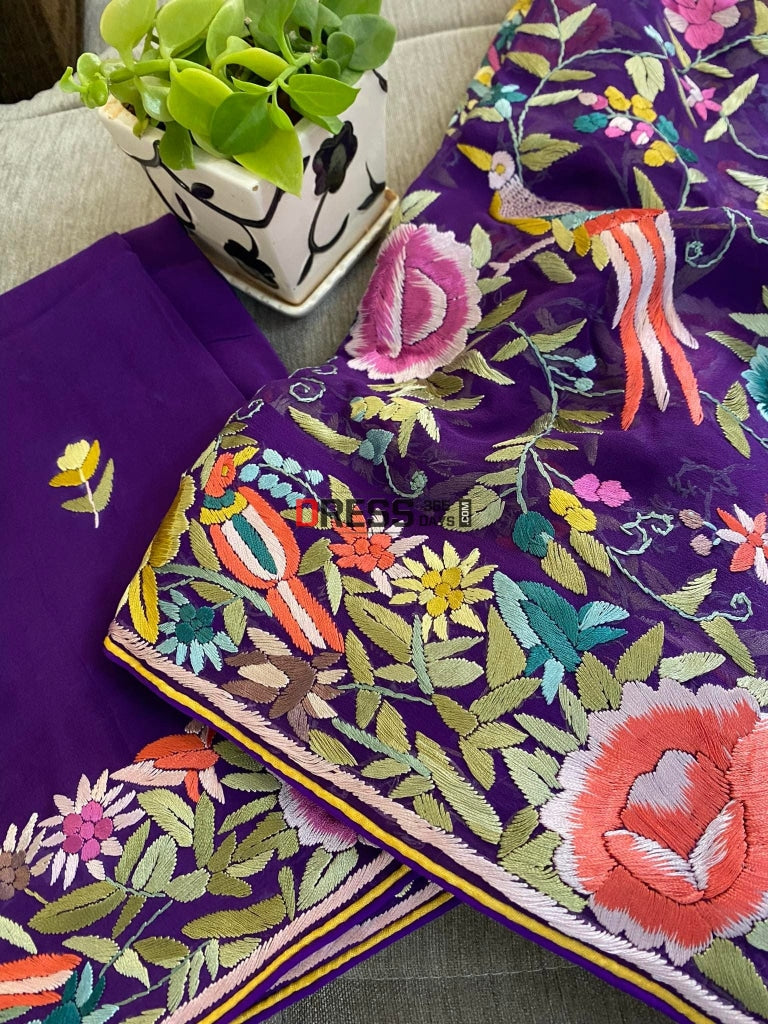 Designer Purple Hand Embroidered Parsi Gara Suit (Three Piece) Suits