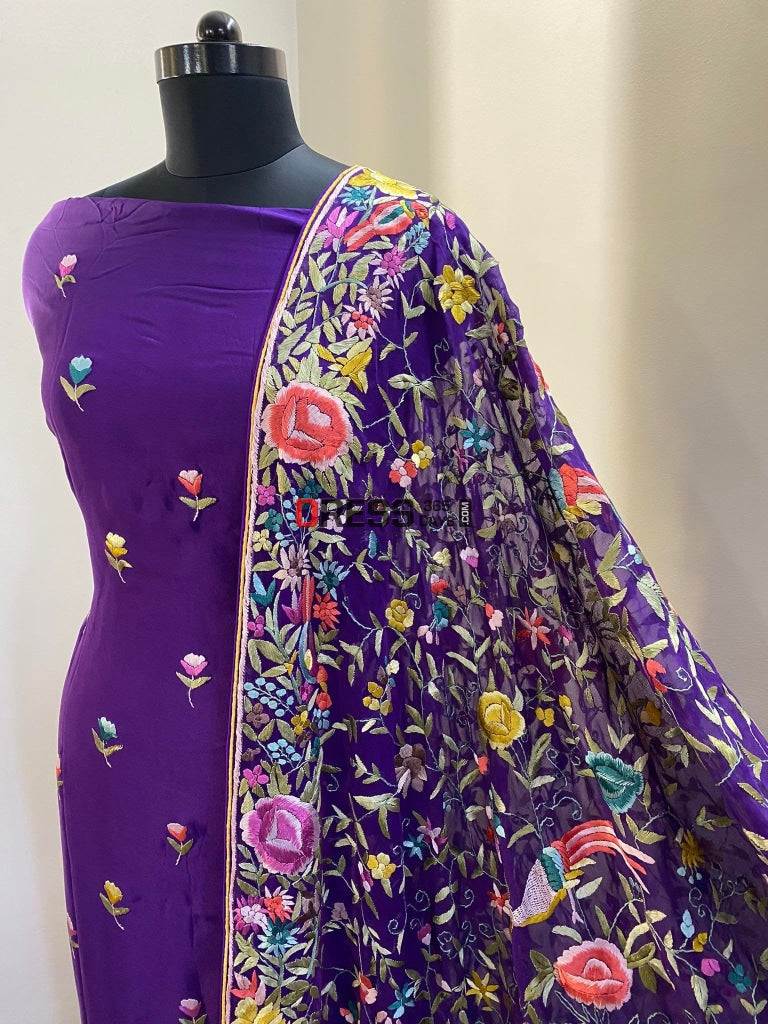 Designer Purple Hand Embroidered Parsi Gara Suit (Three Piece) Suits