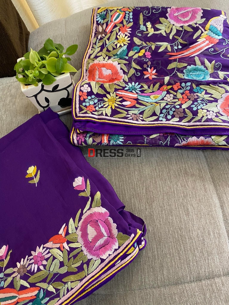 Designer Purple Hand Embroidered Parsi Gara Suit (Three Piece) Suits