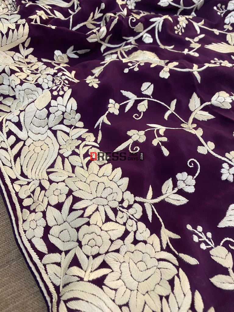 Designer Purple & Ivory Parsi Gara Saree