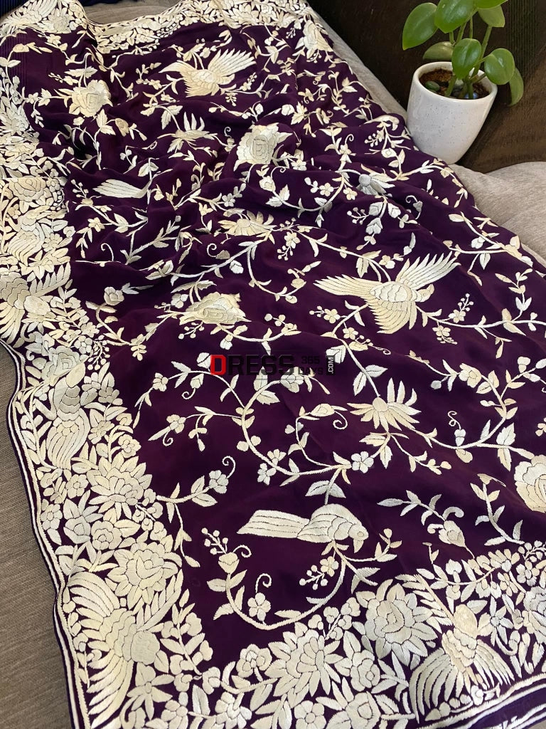 Designer Purple & Ivory Parsi Gara Saree