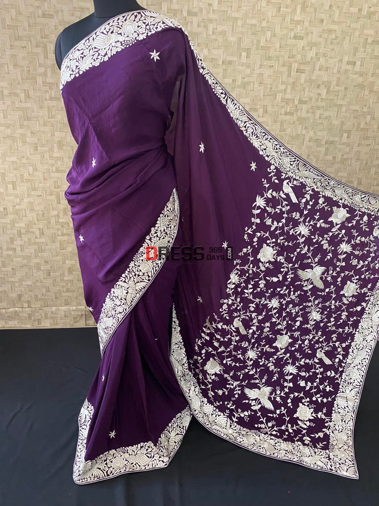 Designer Purple & Ivory Parsi Gara Saree