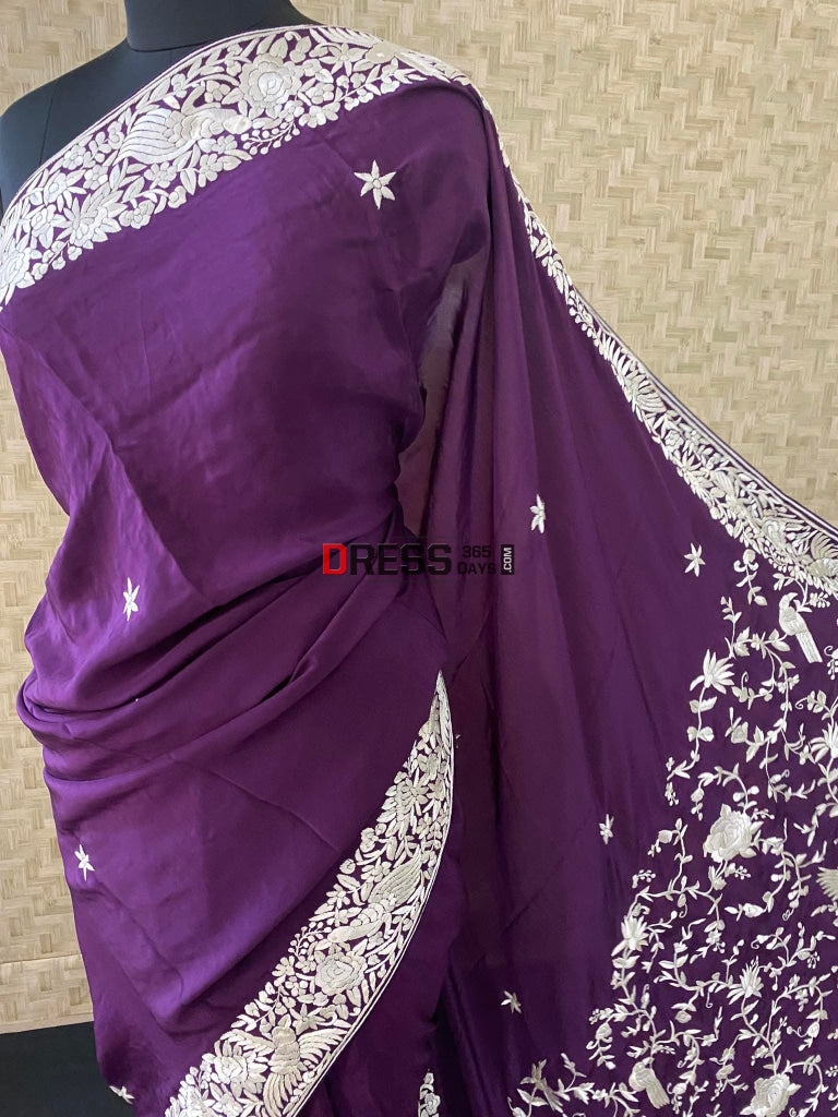 Designer Purple & Ivory Parsi Gara Saree