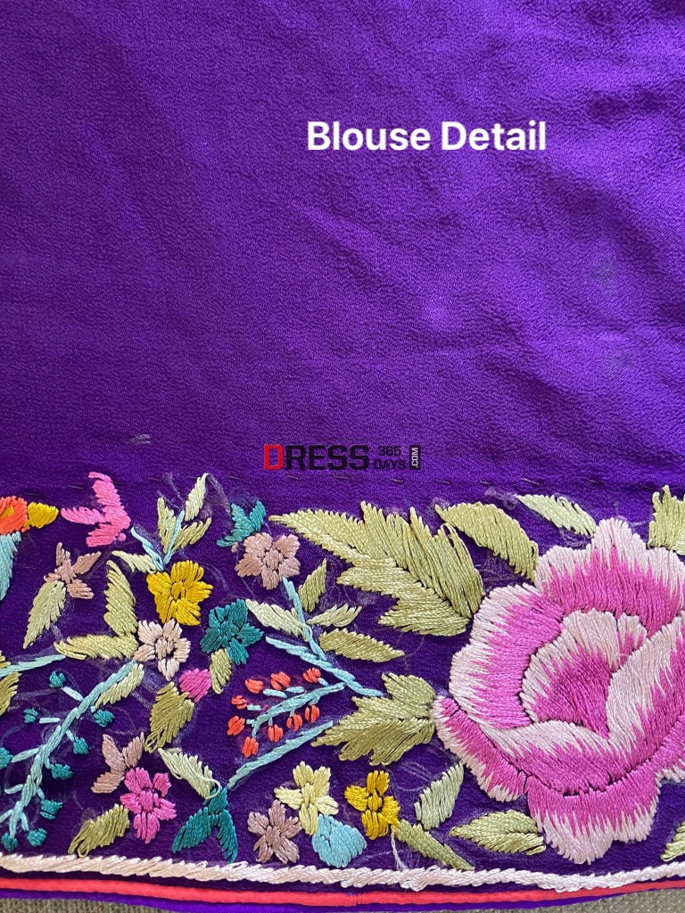 Designer Purple Parsi Gara Hand Embroidered Saree