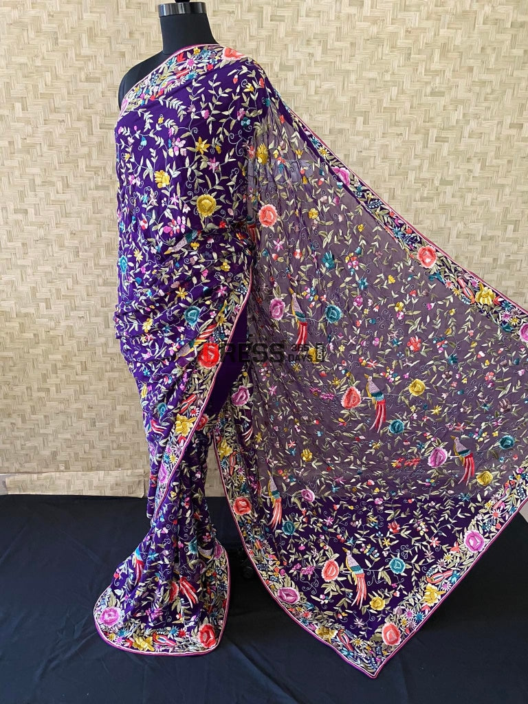 Designer Purple Parsi Gara Hand Embroidered Saree