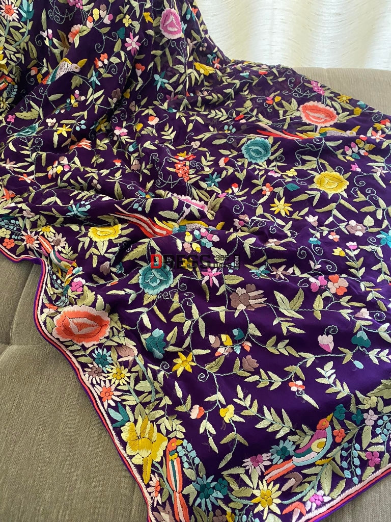 Designer Purple Parsi Gara Hand Embroidered Saree