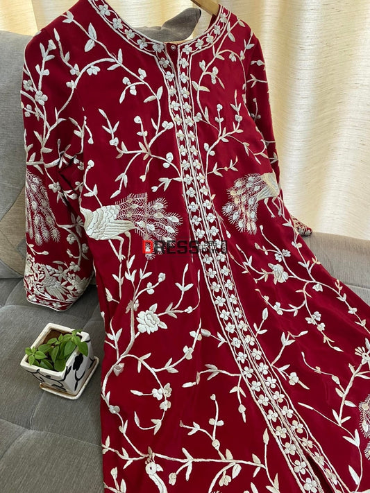 Designer Red & Ivory Parsi Gara Hand Embroidered Jacket Suits