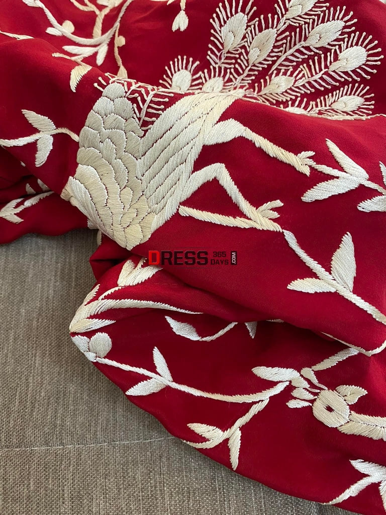 Designer Red & Ivory Parsi Gara Hand Embroidered Jacket Suits