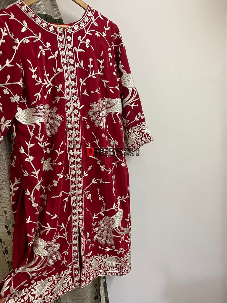 Designer Red & Ivory Parsi Gara Hand Embroidered Jacket Suits