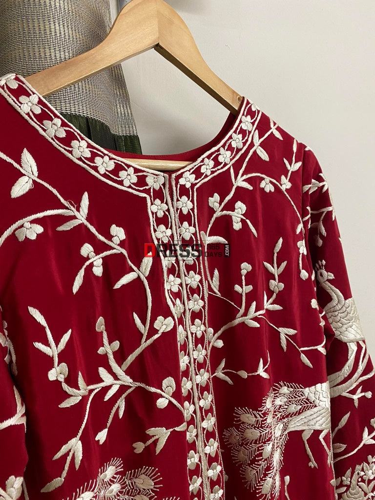 Designer Red & Ivory Parsi Gara Hand Embroidered Jacket Suits