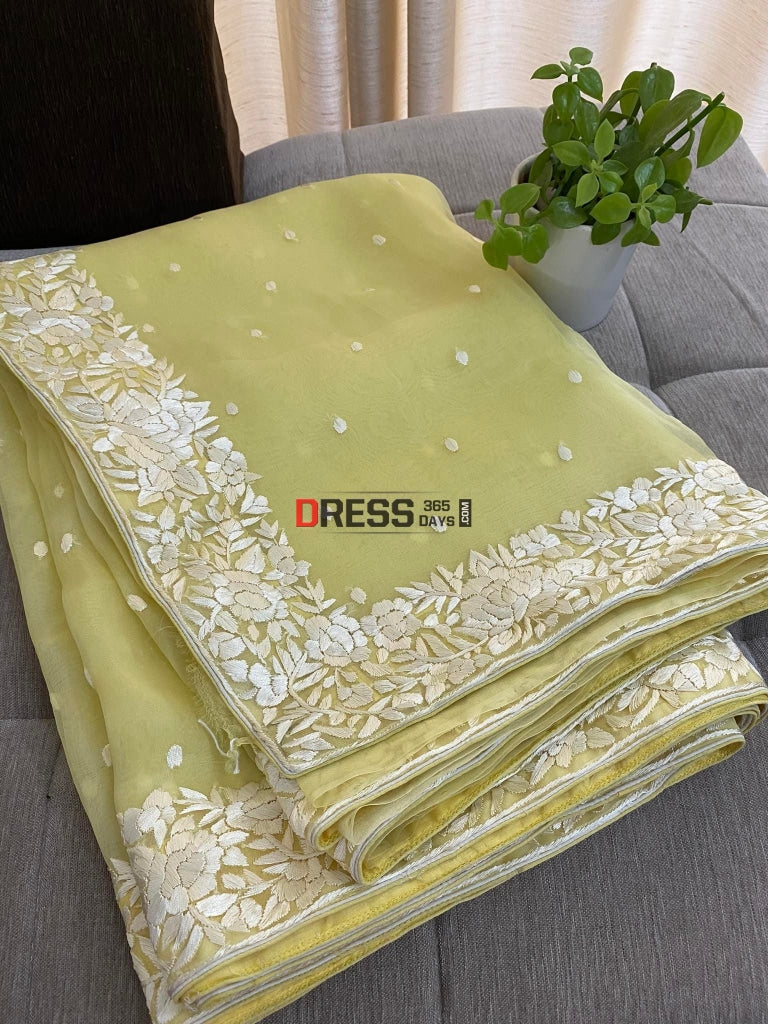 Designer Yellow Organza Parsi Gara Saree
