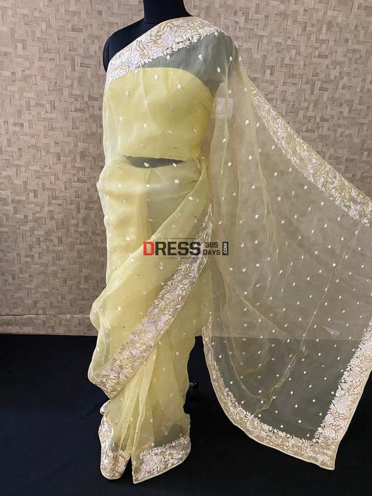 Designer Yellow Organza Parsi Gara Saree