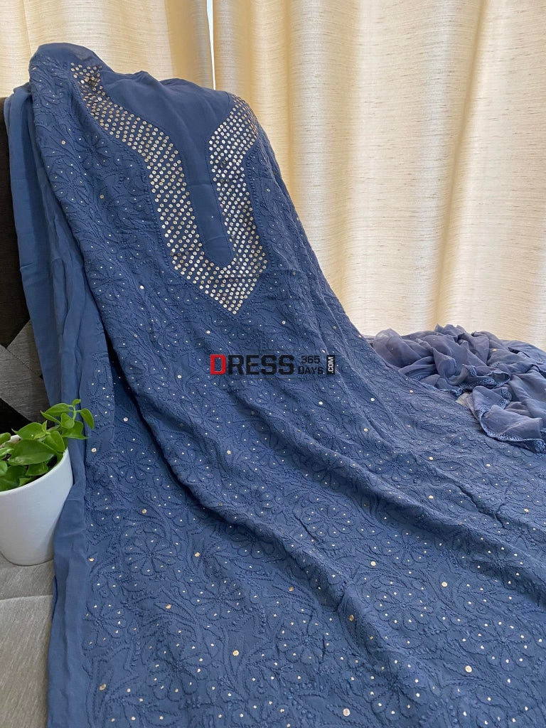 Dusty Blue Mukaish Neckline Chikankari Kurta Dupatta Suits