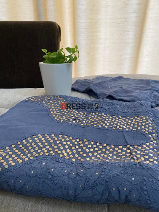 Dusty Blue Mukaish Neckline Chikankari Kurta Dupatta Suits