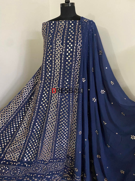 Dusty Navy Blue Mirror & Gota Patti Chikankari Anarkali