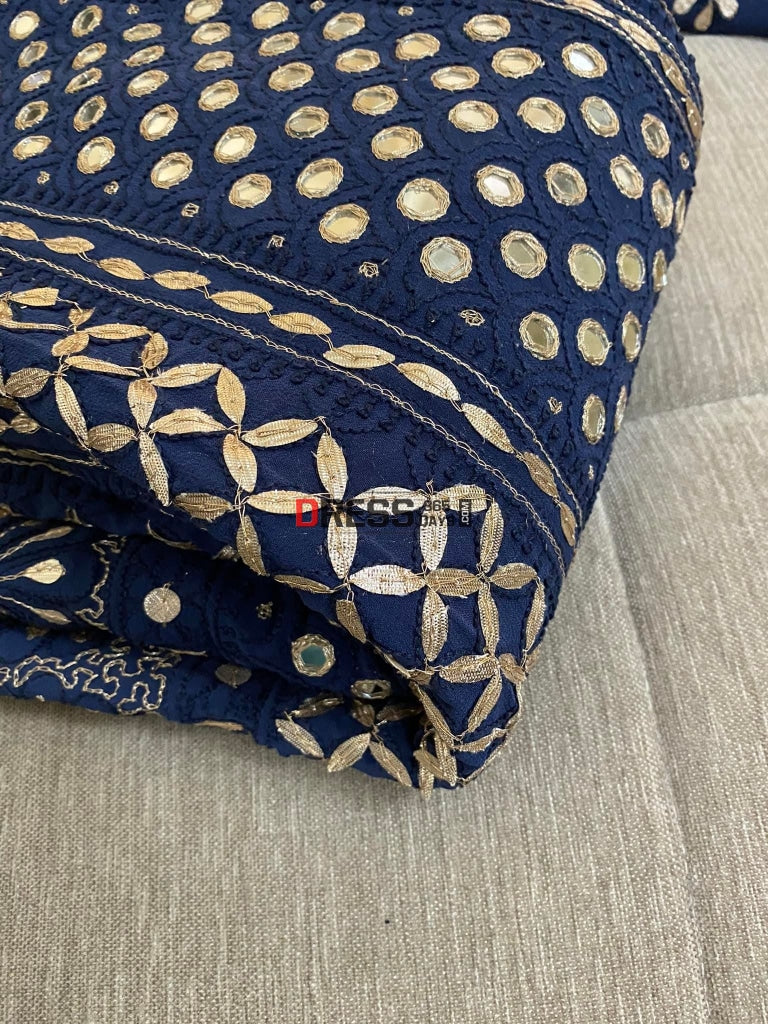 Dusty Navy Blue Mirror & Gota Patti Chikankari Anarkali