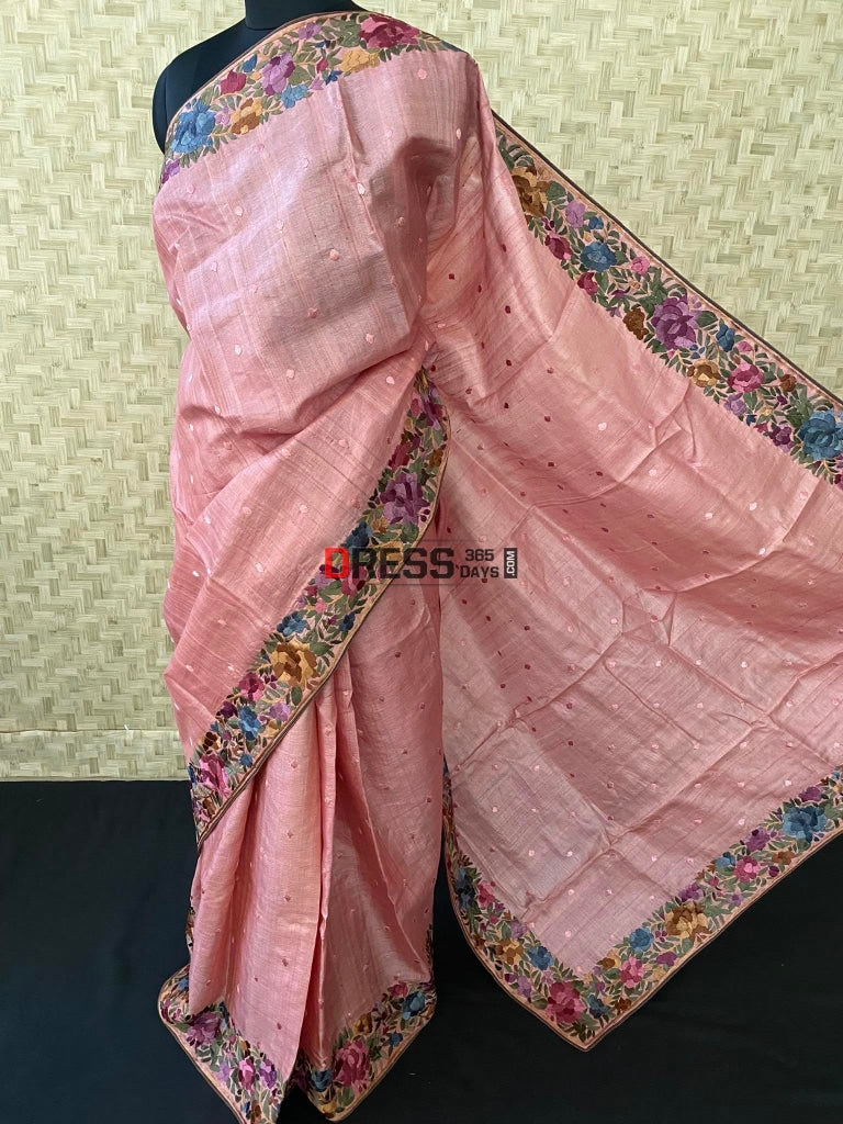 Dusty Peach Parsi Gara Tussar Silk Saree