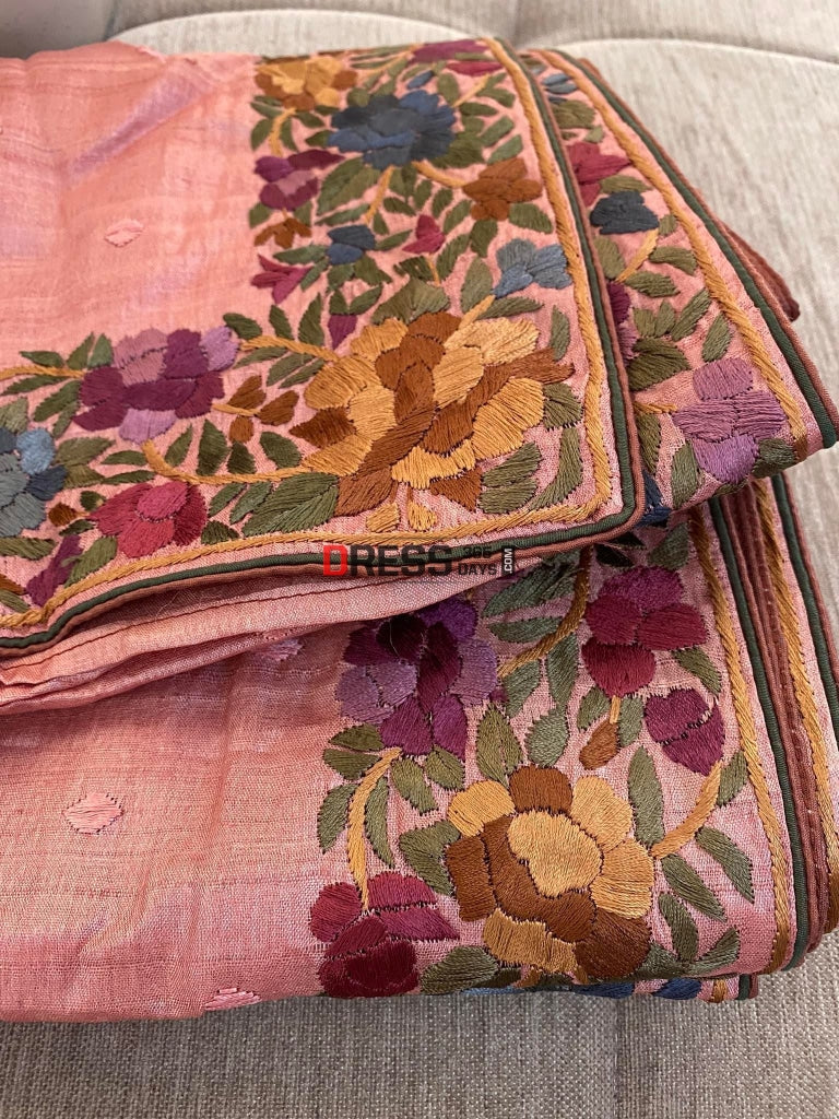 Dusty Peach Parsi Gara Tussar Silk Saree