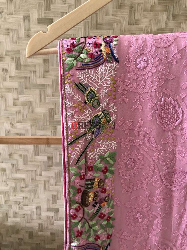 Dusty Pink Parsi Gara & Chikankari Hand Embroidered Saree