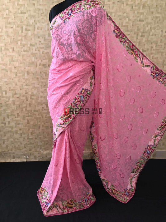 Dusty Pink Parsi Gara & Chikankari Hand Embroidered Saree (Pre Order)