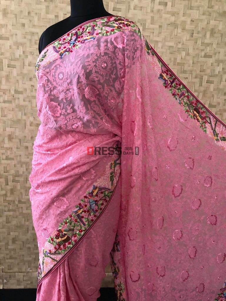Dusty Pink Parsi Gara & Chikankari Hand Embroidered Saree (Pre Order)