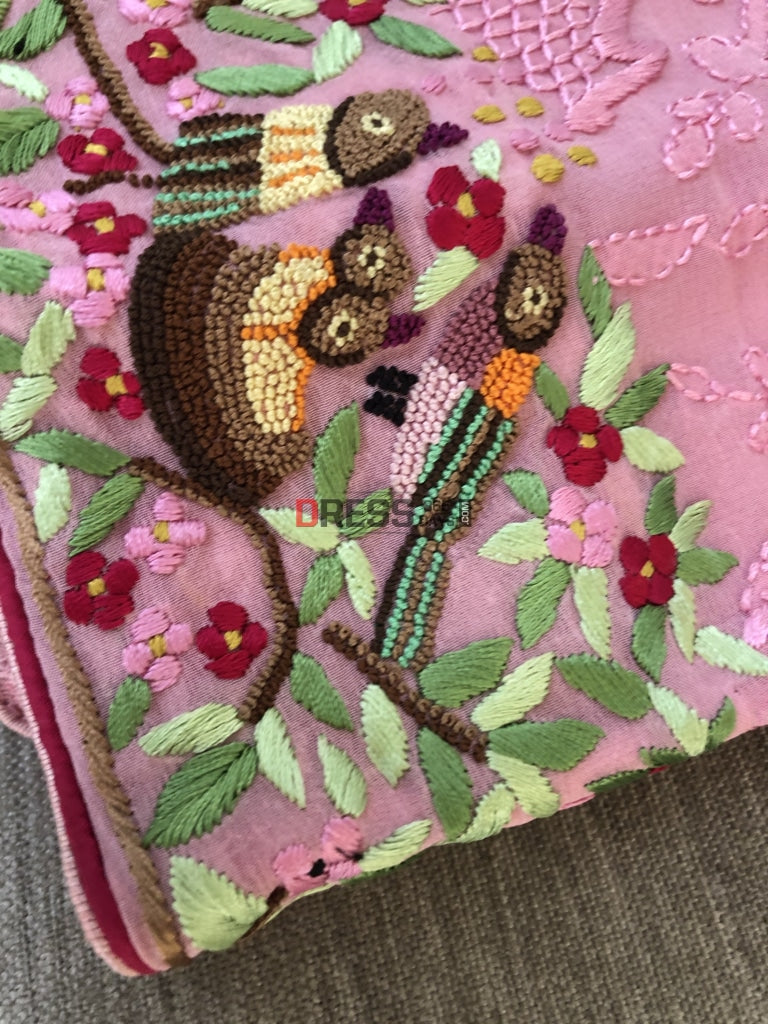 Dusty Pink Parsi Gara & Chikankari Hand Embroidered Saree
