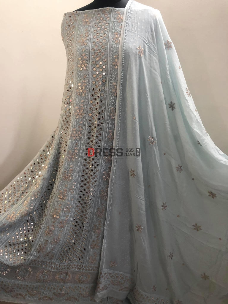 Dusty Powder Blue Mirror Gota Patti Chikankari Anarkali