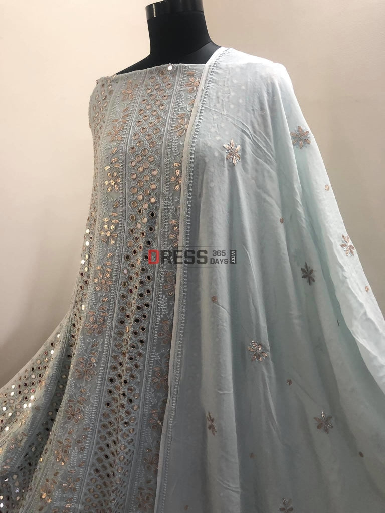 Dusty Powder Blue Mirror Gota Patti Chikankari Anarkali