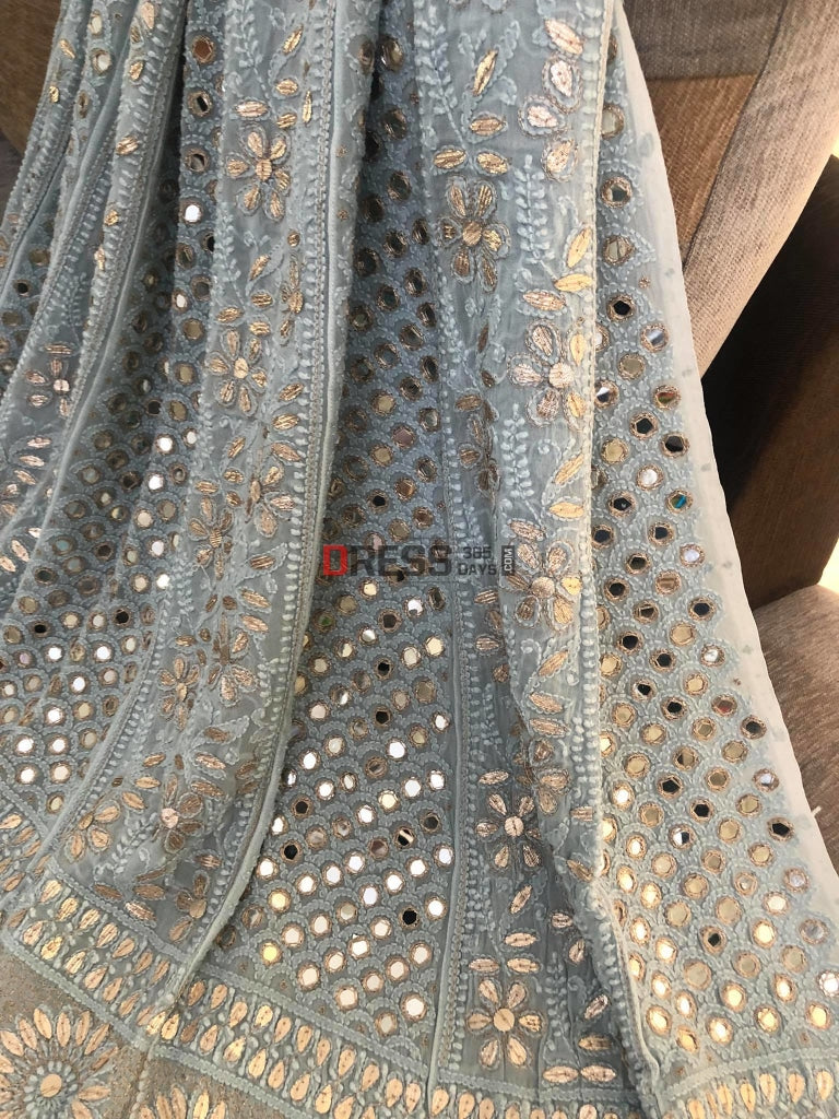 Dusty Powder Blue Mirror Gota Patti Chikankari Anarkali