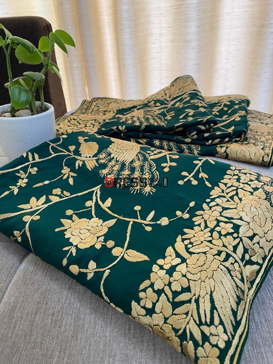 Emerald Green & Gold Parsi Gara Hand Crafted Suit (Three Piece) Suits