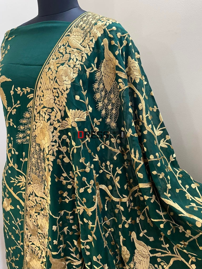 Emerald Green & Gold Parsi Gara Hand Crafted Suit (Three Piece) Suits