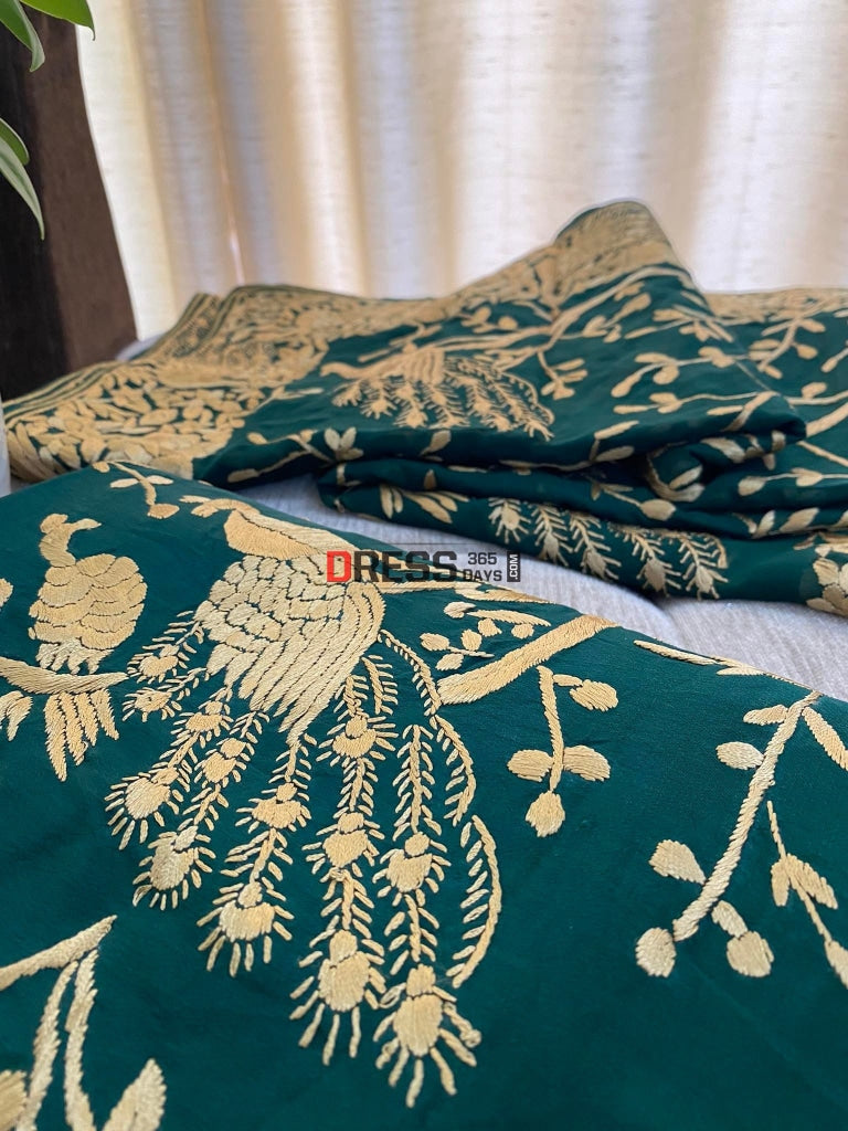 Emerald Green & Gold Parsi Gara Hand Crafted Suit (Three Piece) Suits
