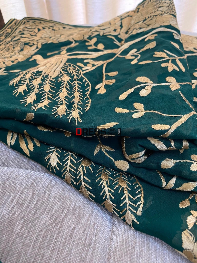 Emerald Green & Gold Parsi Gara Hand Crafted Suit (Three Piece) Suits