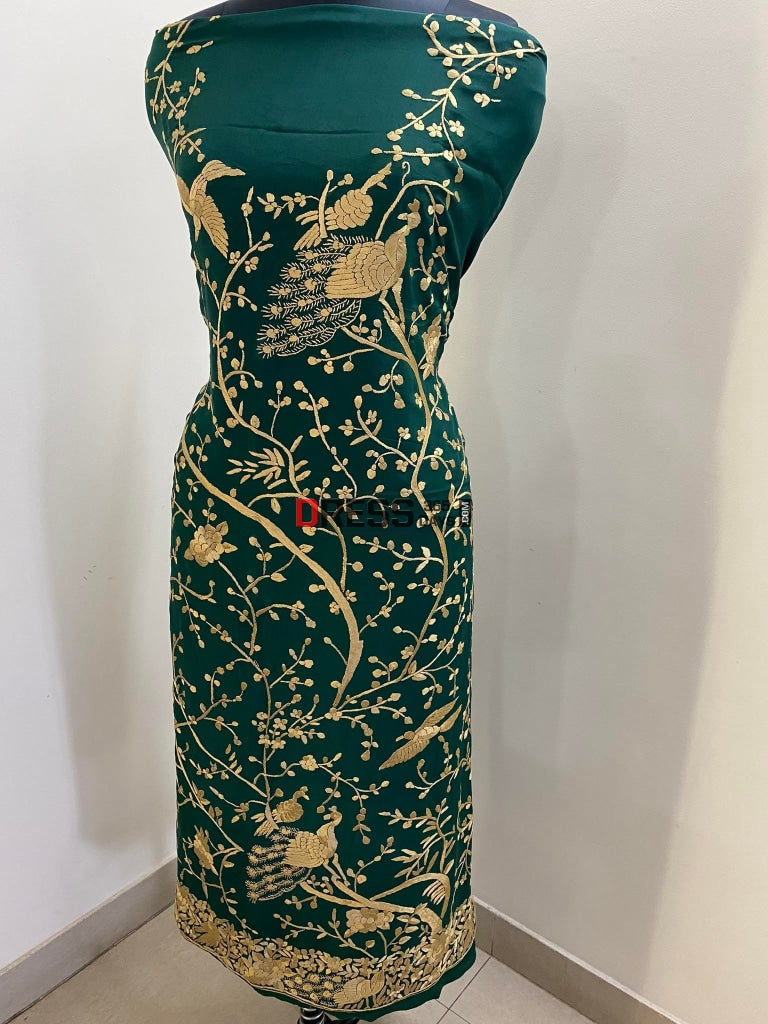 Emerald Green & Gold Parsi Gara Hand Crafted Suit (Three Piece) Suits