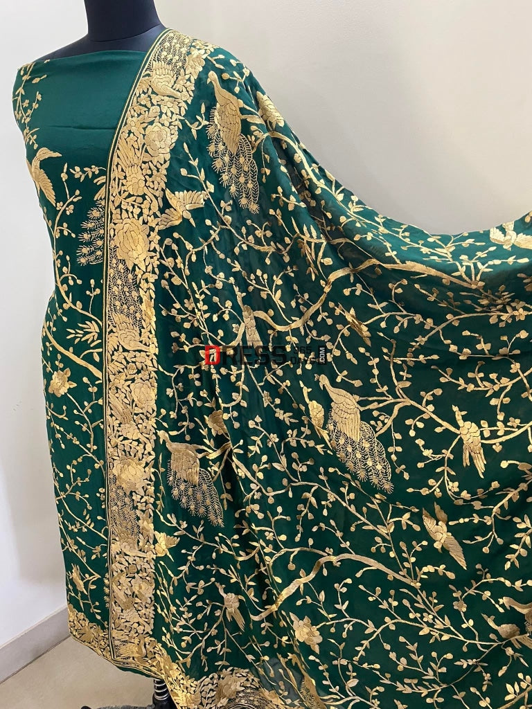 Emerald Green & Gold Parsi Gara Hand Crafted Suit (Three Piece) Suits