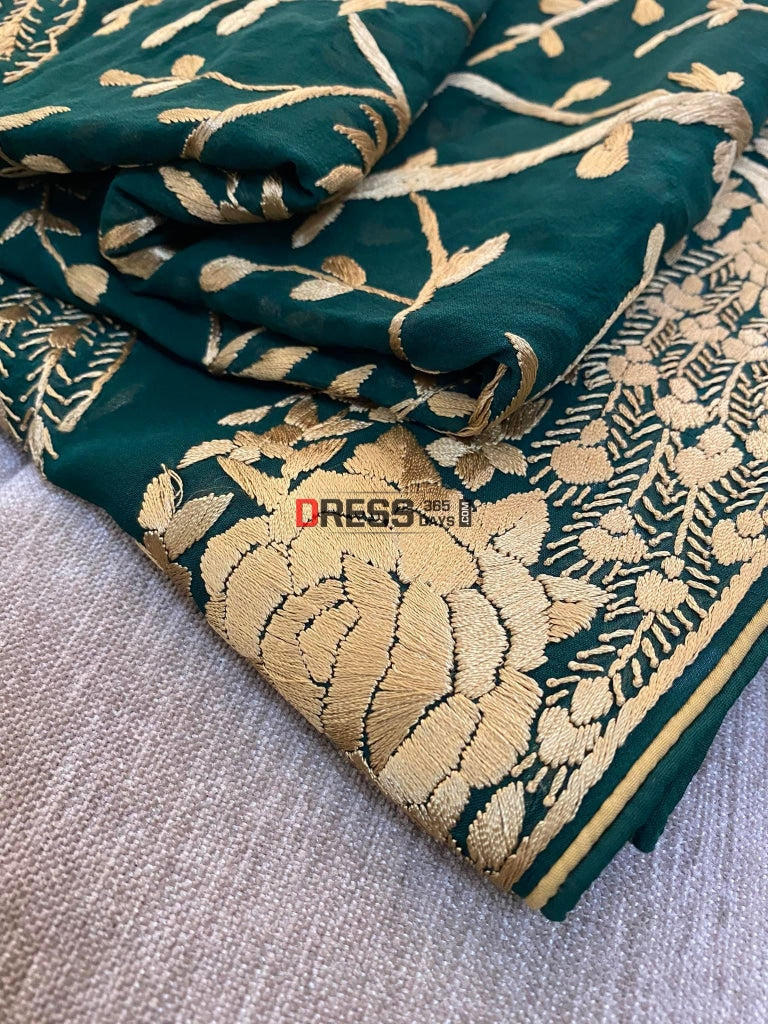 Emerald Green & Gold Parsi Gara Hand Crafted Suit (Three Piece) Suits