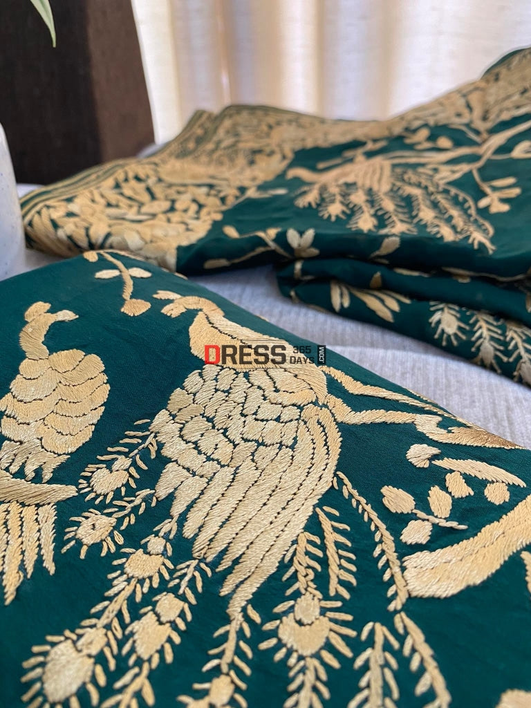 Emerald Green & Gold Parsi Gara Hand Crafted Suit (Three Piece) Suits