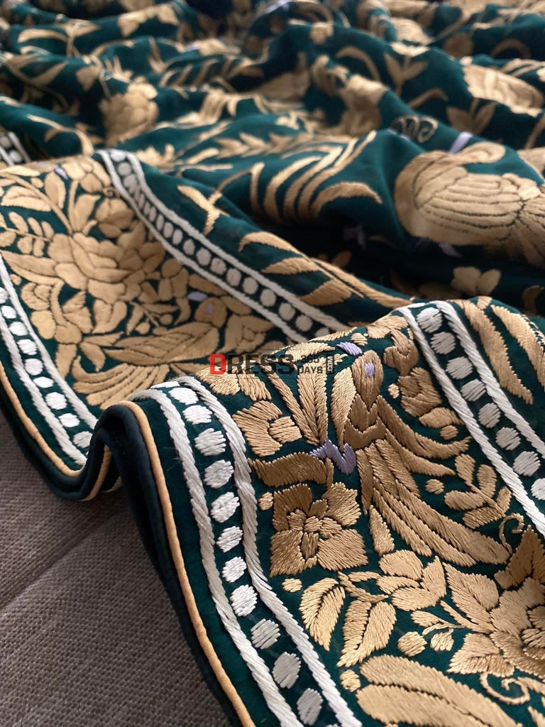 Emerald Green & Gold Parsi Gara Hand Embroidered Dupatta