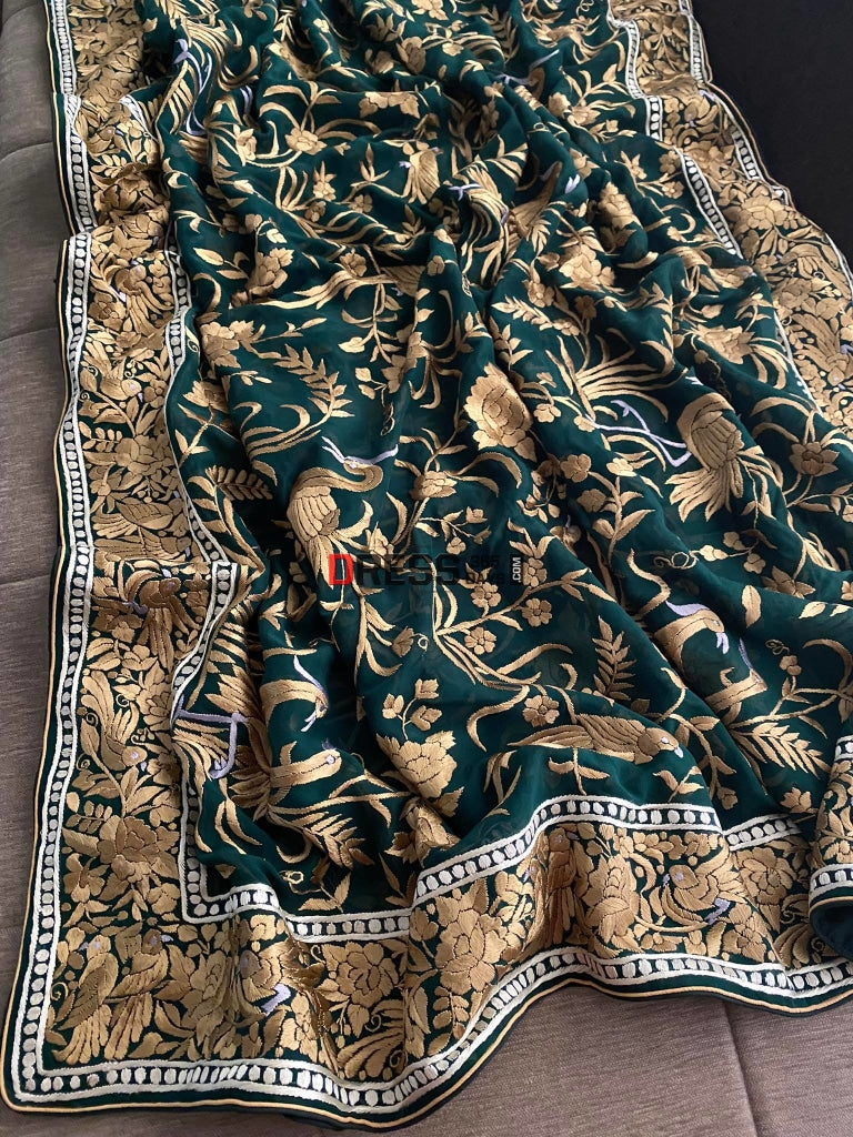 Emerald Green & Gold Parsi Gara Hand Embroidered Dupatta