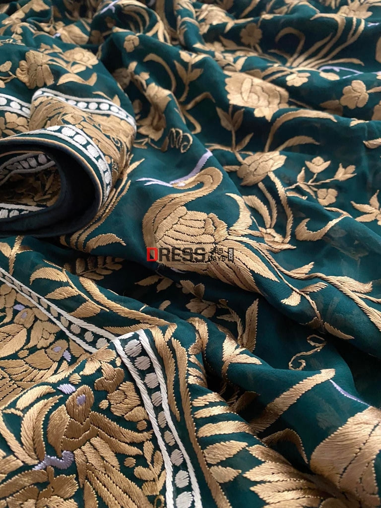 Emerald Green & Gold Parsi Gara Hand Embroidered Dupatta