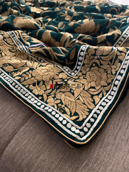 Emerald Green & Gold Parsi Gara Hand Embroidered Dupatta