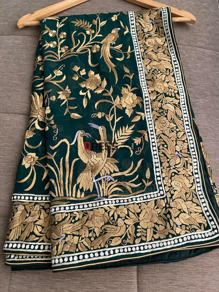 Emerald Green & Gold Parsi Gara Hand Embroidered Dupatta