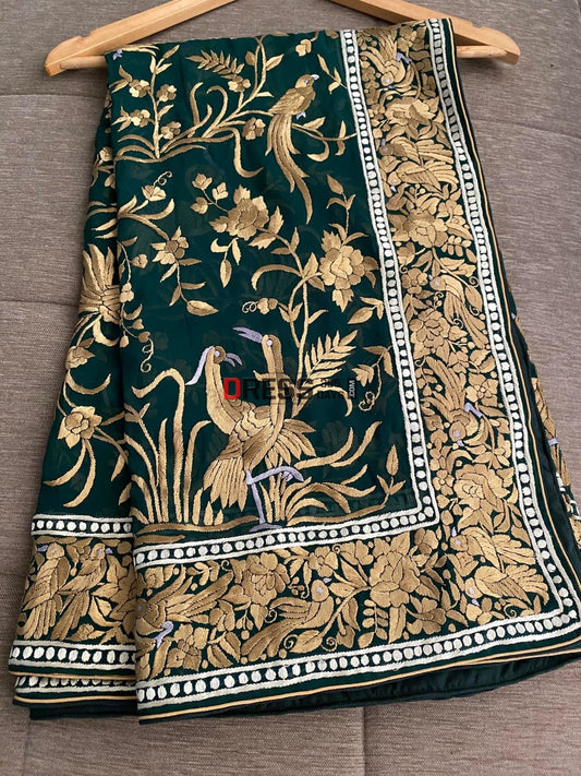 Emerald Green & Gold Parsi Gara Hand Embroidered Dupatta