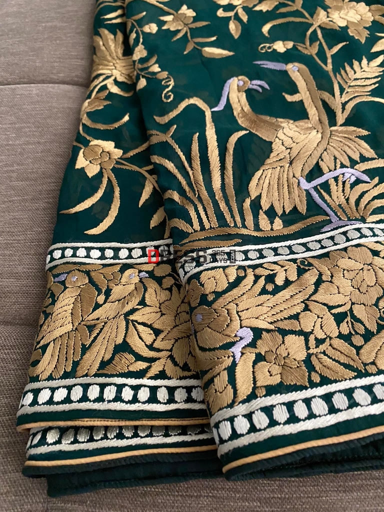 Emerald Green & Gold Parsi Gara Hand Embroidered Dupatta