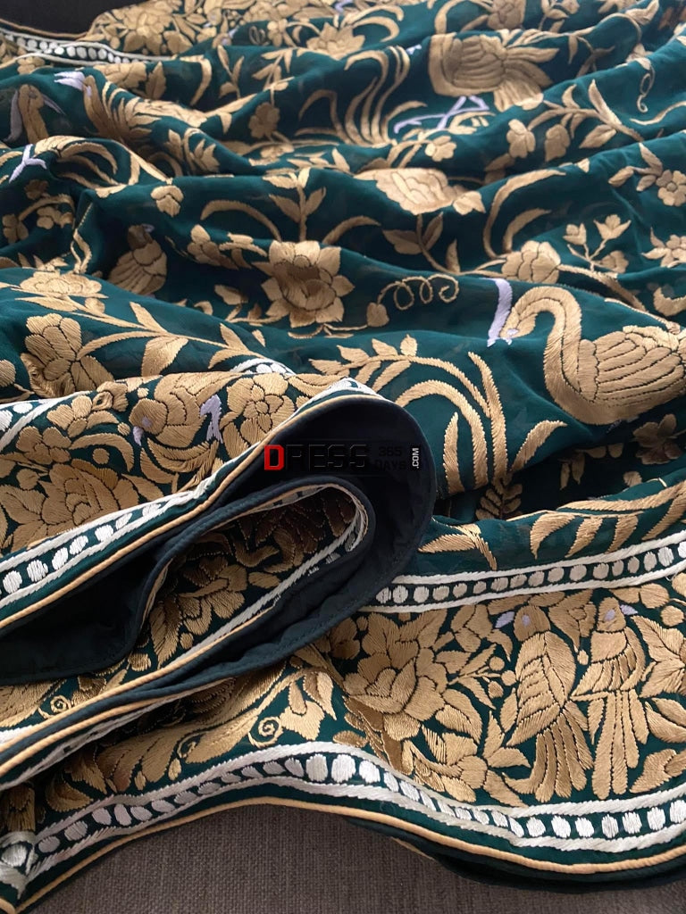 Emerald Green & Gold Parsi Gara Hand Embroidered Dupatta