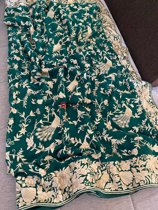 Emerald Green & Gold Parsi Gara Saree