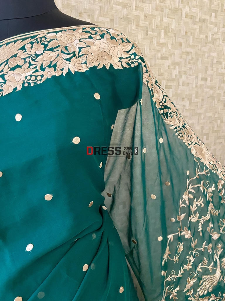 Emerald Green & Gold Parsi Gara Saree